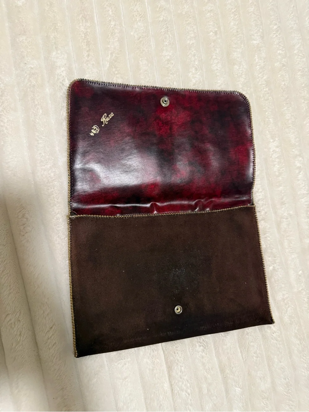Leather Fold-Over Clutch Bag - Burgundy and Brown